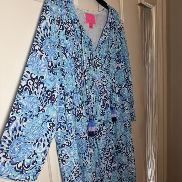 Lilly Pulitzer Marilina Tunic Dress Blue Light Aqua Shell Resortwear Beach XL - Picture 5 of 12